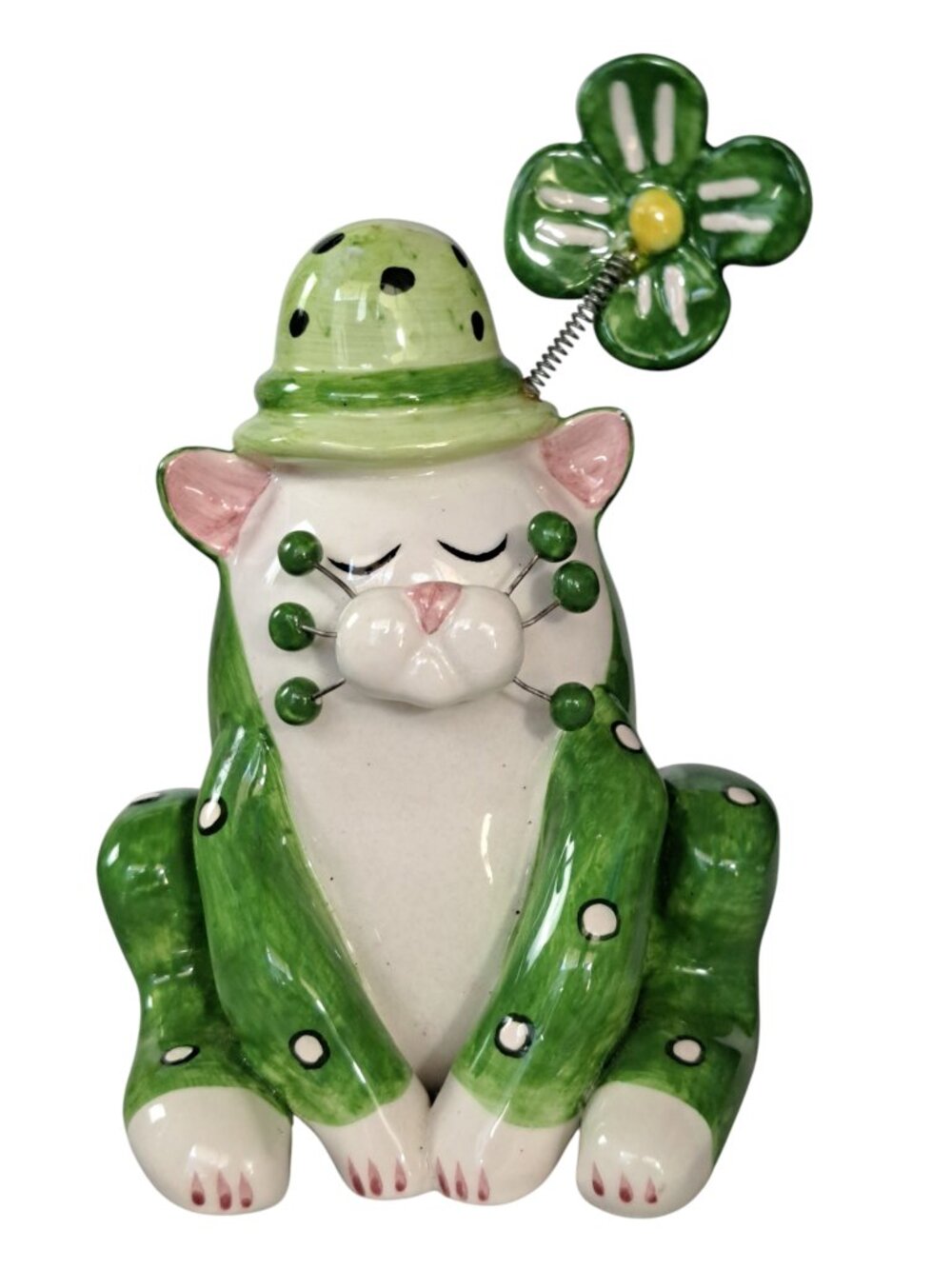 WhimsiClay Amy Lacombe Fancy Felines 5" Clover Green W Hat Figurine 2002 - Picture 8 of 14